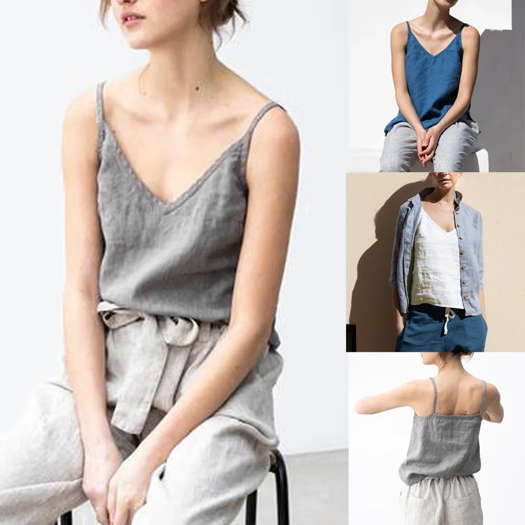 

Linen Loose Women Summer camisole V Neck Strap Casual Cotton Tops Vest Blouse comfortable bluzka na ramiaczkach