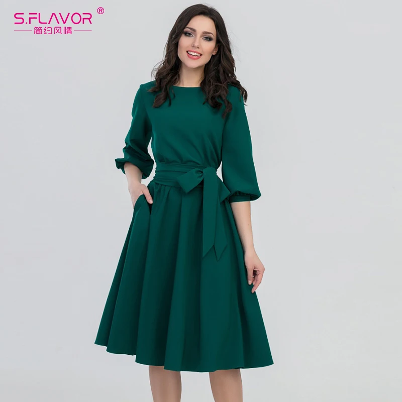 S. FLAVOR 2019 женское модное винтажное платье зеленого цвета с круглым вырезом