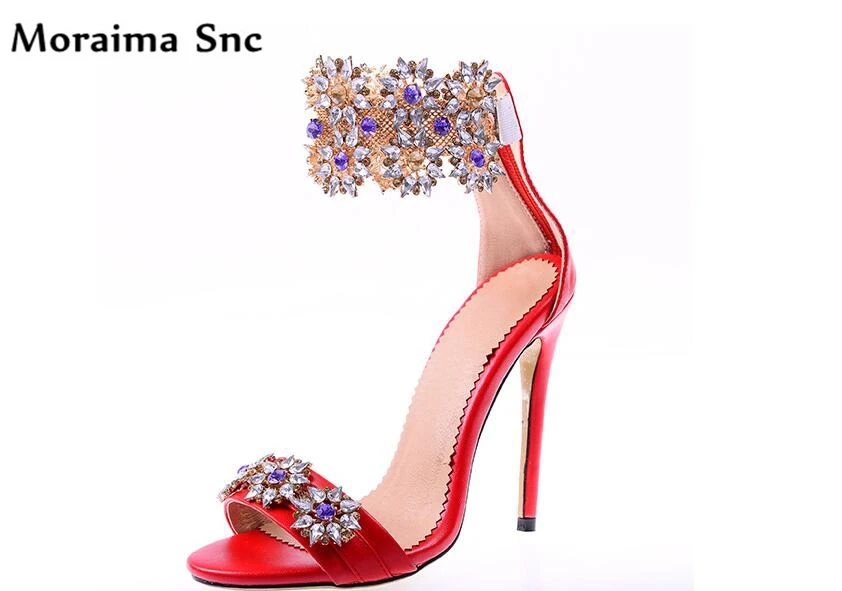 

Moraima Snc flower crystal 2019 newest female sandals open toe thin high heel Ankle strap zipper cover heels summer party sheos
