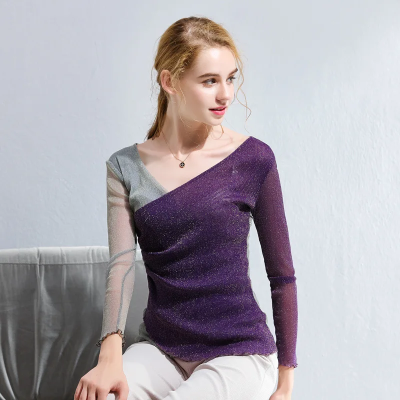 Women T-shirt Slim pure autumn Long sleeve Mesh Contrast color V-neck Sexy T-shirt Women Women T-shirt Slim pure autumn Long sleeve Mesh Contrast color V-neck Sexy T-shirt Women