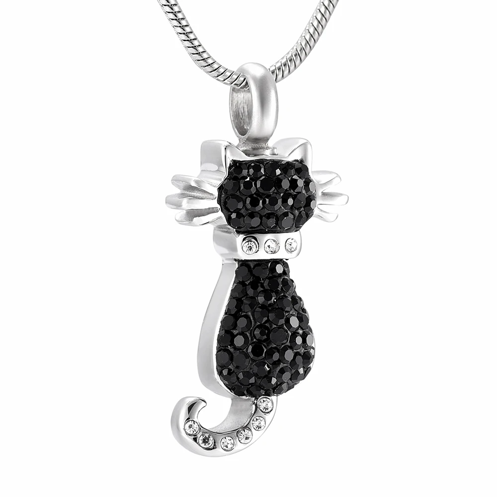 IJD9921 Pink/White/Black Crystal Lovely Cat Cremation Necklace