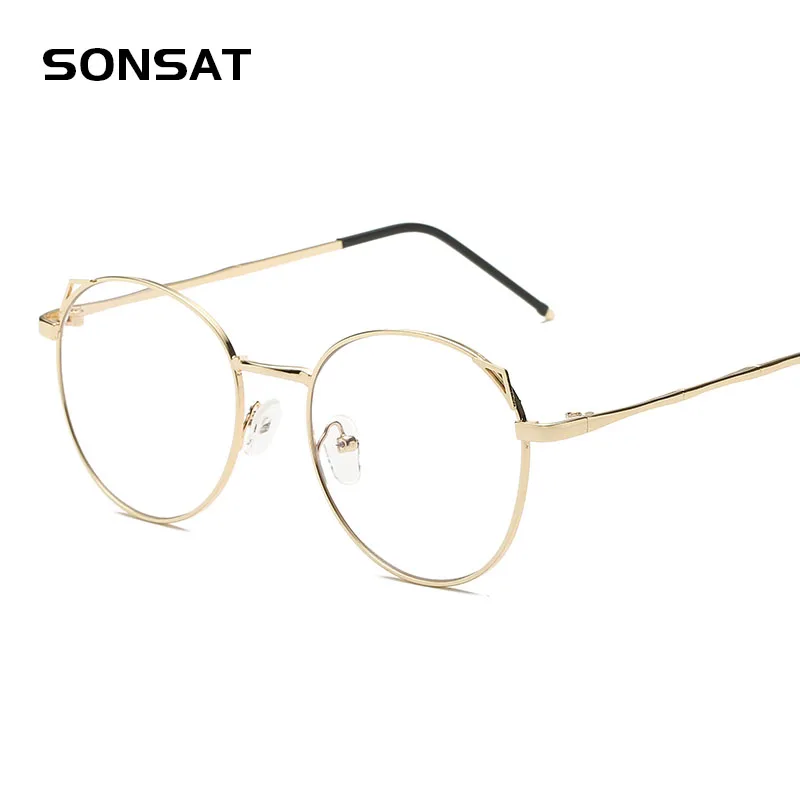 

SONSAT Retro Cat Ears Myopia Glasses Frame Metal Round Light Flat Mirror Optical Frames Male and Female Round Glasses