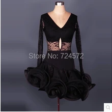 Костюм для латинских танцев, сексуальный кружевной топ с длинными рукавами+ черная гофрированная юбка, 2 предмета в комплекте, костюм для женщин, костюмы для латинских соревнований с инкрустацией стразами