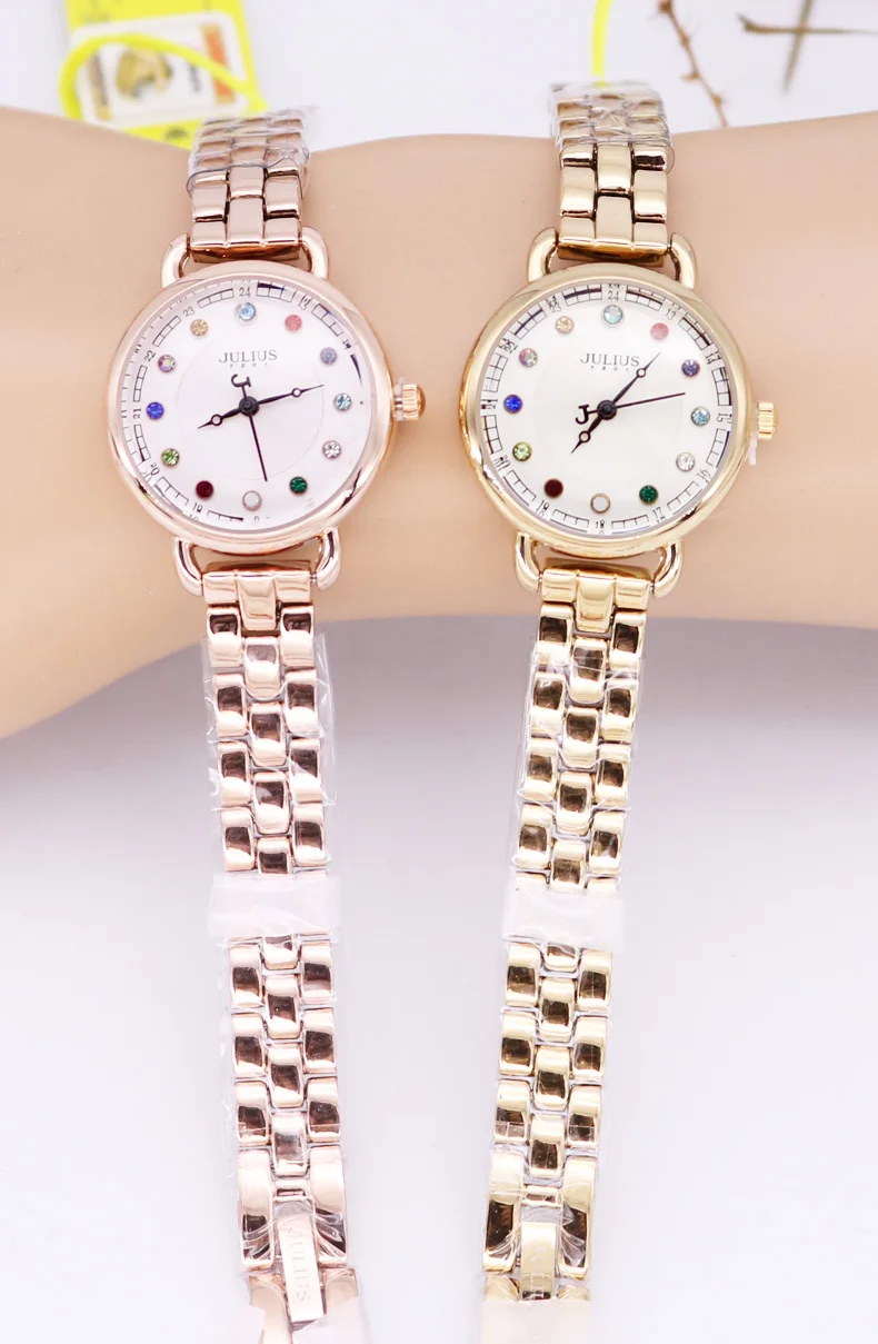 Новые женские часы Япония кварцевые женские часы Изысканная мода 12 цветов хрусталь камень браслет девушки Рождественский подарок Julius коробка