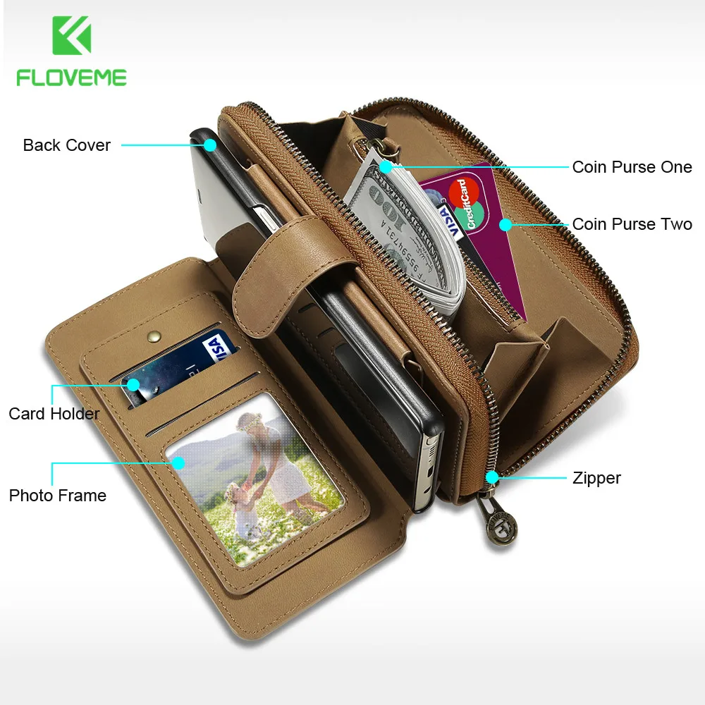 

FLOVEME Luxury Leather Wallet Case For Samsung S8 S7 S6 edge Case Phone Cover For Galaxy Note 8 5 Case Retro Handbags Pouch Bags