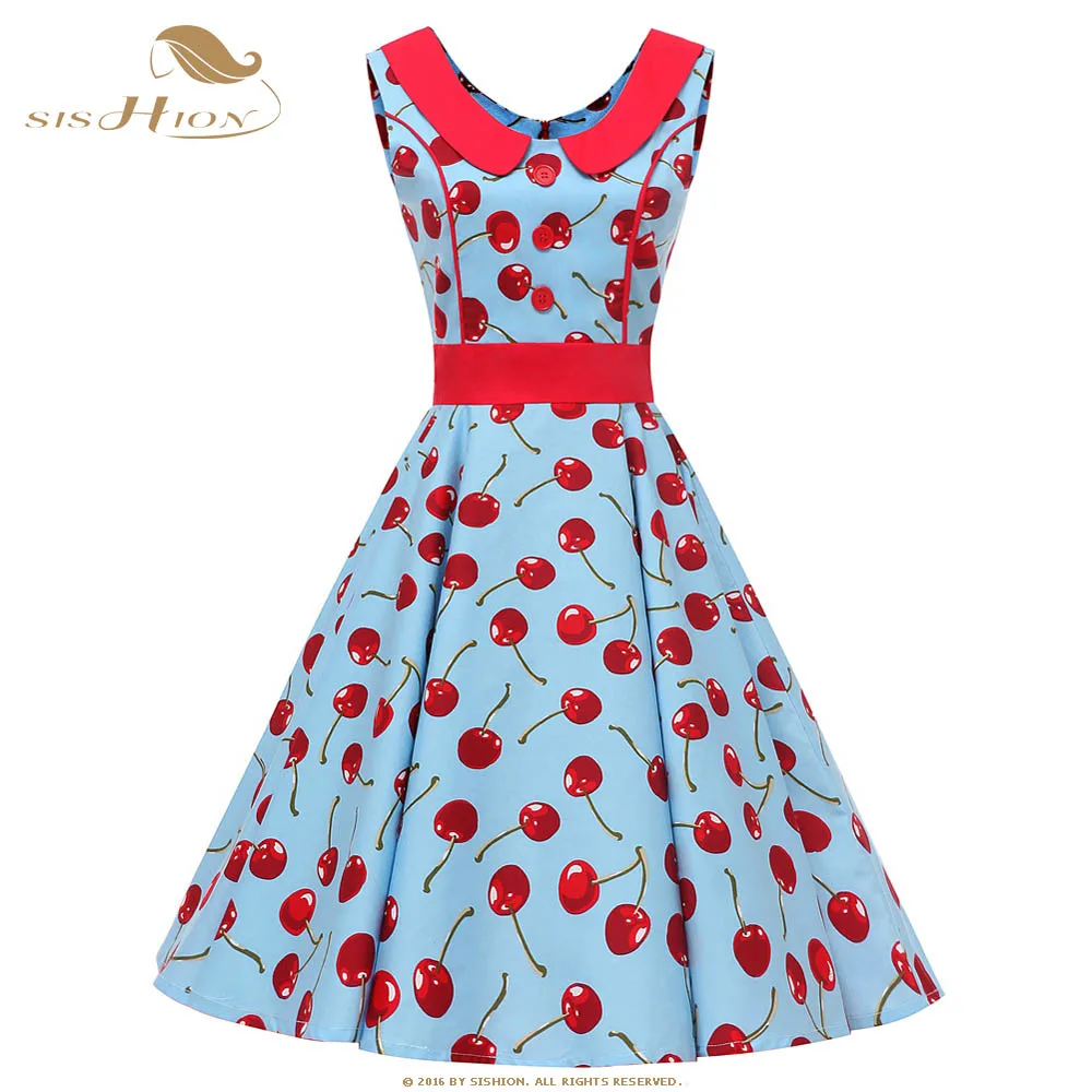 SISHION Polka Dots Cherry Print Strawberry Floral Vintage Dresses 50S ...