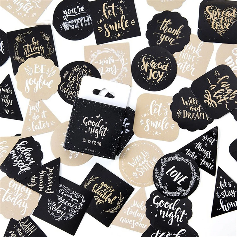 

45 Pcs/pack Gold Black English Greetings Stickers Kids Notebook Decoration Paper Stickers Scrapbooking Toys for Children Gifts