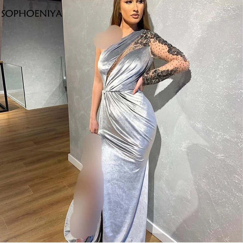 Новое поступление серебряное вечернее платье на одно плечо es Robe soiree Дубай vestido festa роскошное вечернее платье сексуальное торжественное платье