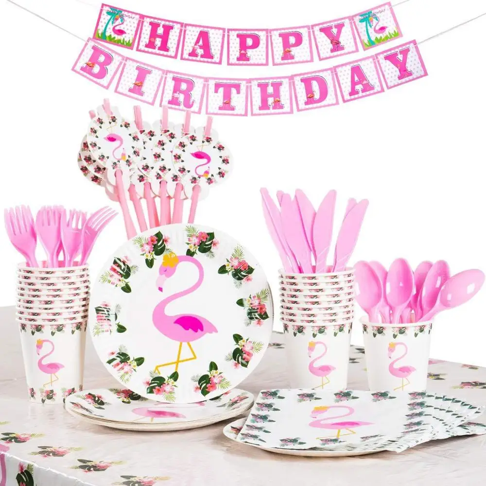 

Flamingos Summer Hawaii Party Decoration Disposable Tableware Paper Cups Plates Plastic Tablecloth Wedding Birthday Party Supply