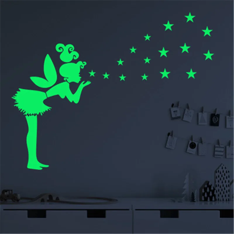 Ангел волшебная фея звезды Светящиеся Настенные наклейки для детской комнаты Светящиеся Настенные наклейки Наклейка девочка детская спальня звезды светится в темноте