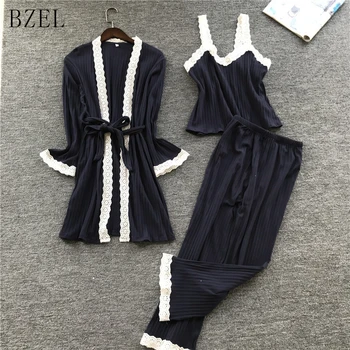 

BZEL New 3 PCS Women Pajamas Sets With Pants V-neck Sexy Pyjama Cotton Nightwear Silk Negligee Sleepwear Pyjamas Pijama Feminino