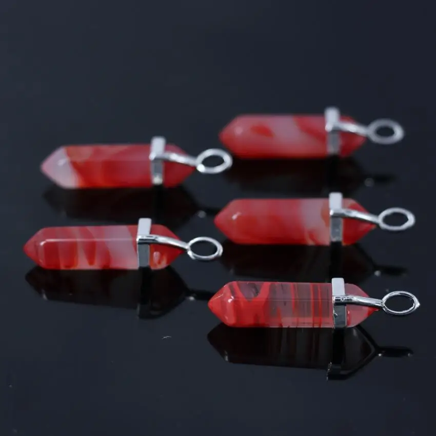 

10pcs/lot Red Agate Hexagon Point copper Pendant,Faceted double points Synthesis stone Stick Reiki Chakra Pendant Charms
