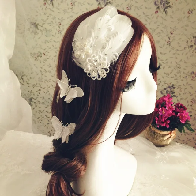 Feather Hair Accessories Bridal Wedding Lace Crystal Diamond