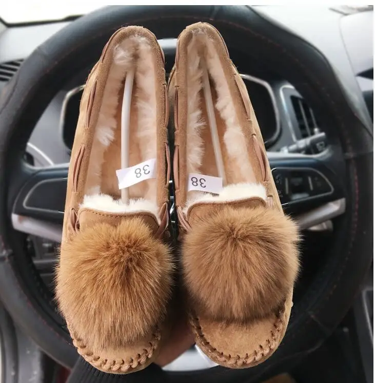 

Brand ug Women Winter Snow Boots Suede Genuine cow Leather Real Sheep Fur real Fox Fur Ball Sweet Women Gray Brown Boot 35-42