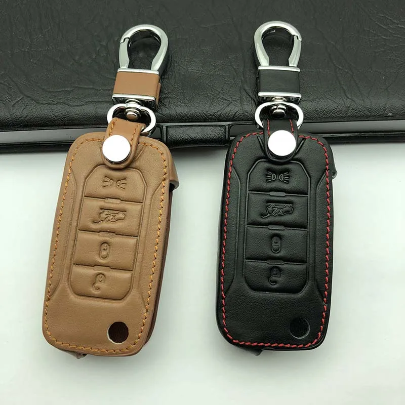 

For Jeep Renegade 2015 2016 2017 Flip Keyless Shell Skin leather Case Fob Styling Holder 4 Button Remote Key Cover Key Chain