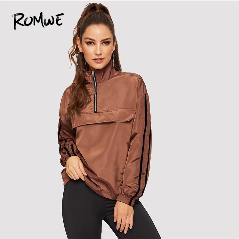 Most effective  ROMWE Striped Sleeve Half Placket Windbreaker Jacket 2019 Women Spring Autumn High Neck Coat Brown 