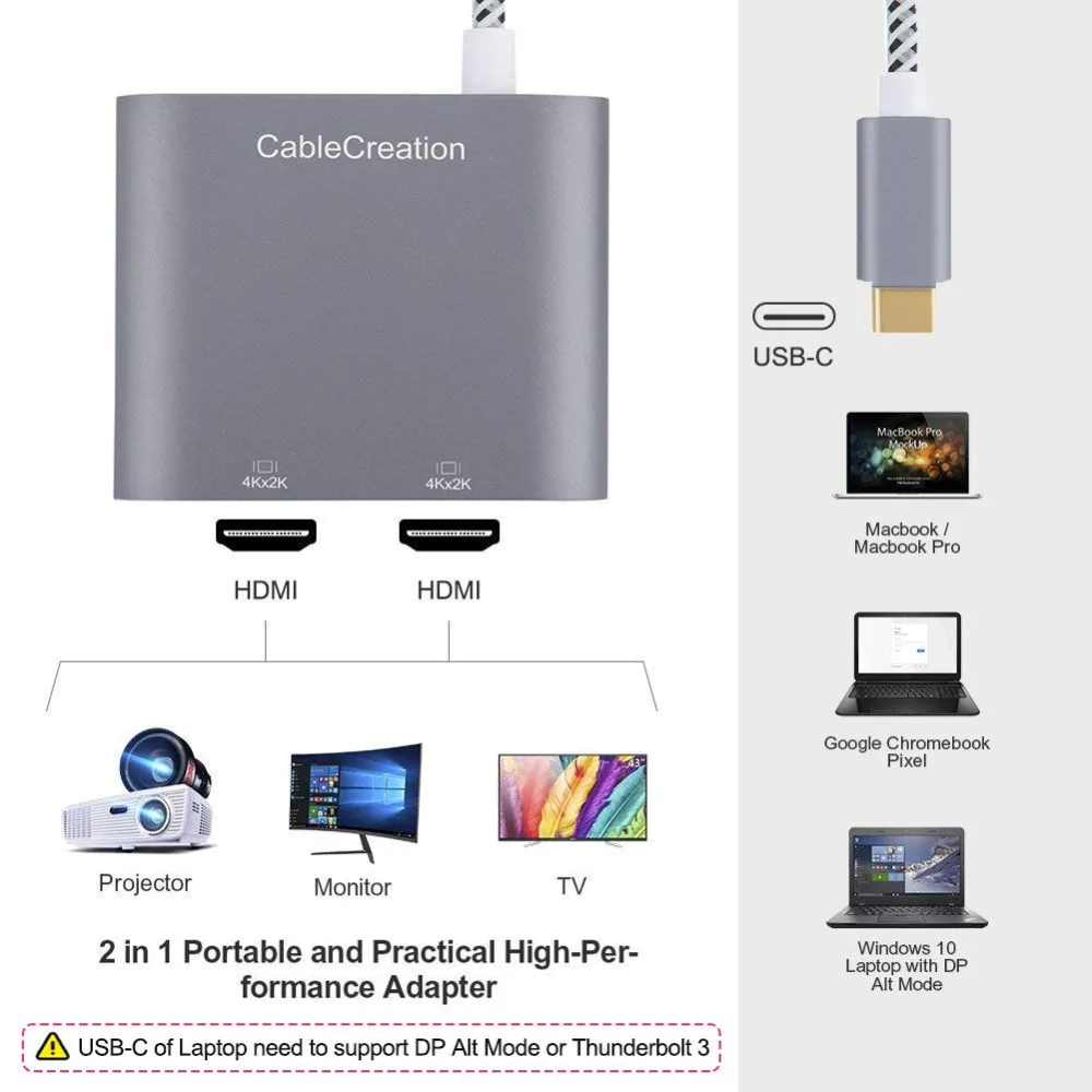 USB-C на двойной HDMI 4 K, кабель usb type C(совместимый Thunderbolt 3) на 2 HDMI адаптер, совместимый MacBook Pro/MacBook и т. Д