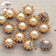  50pcs 15mm Golden/Silver Rhinestone/Pearl Flower Plastic Flatback Button Decoration Craft Scrapbook Accessories 