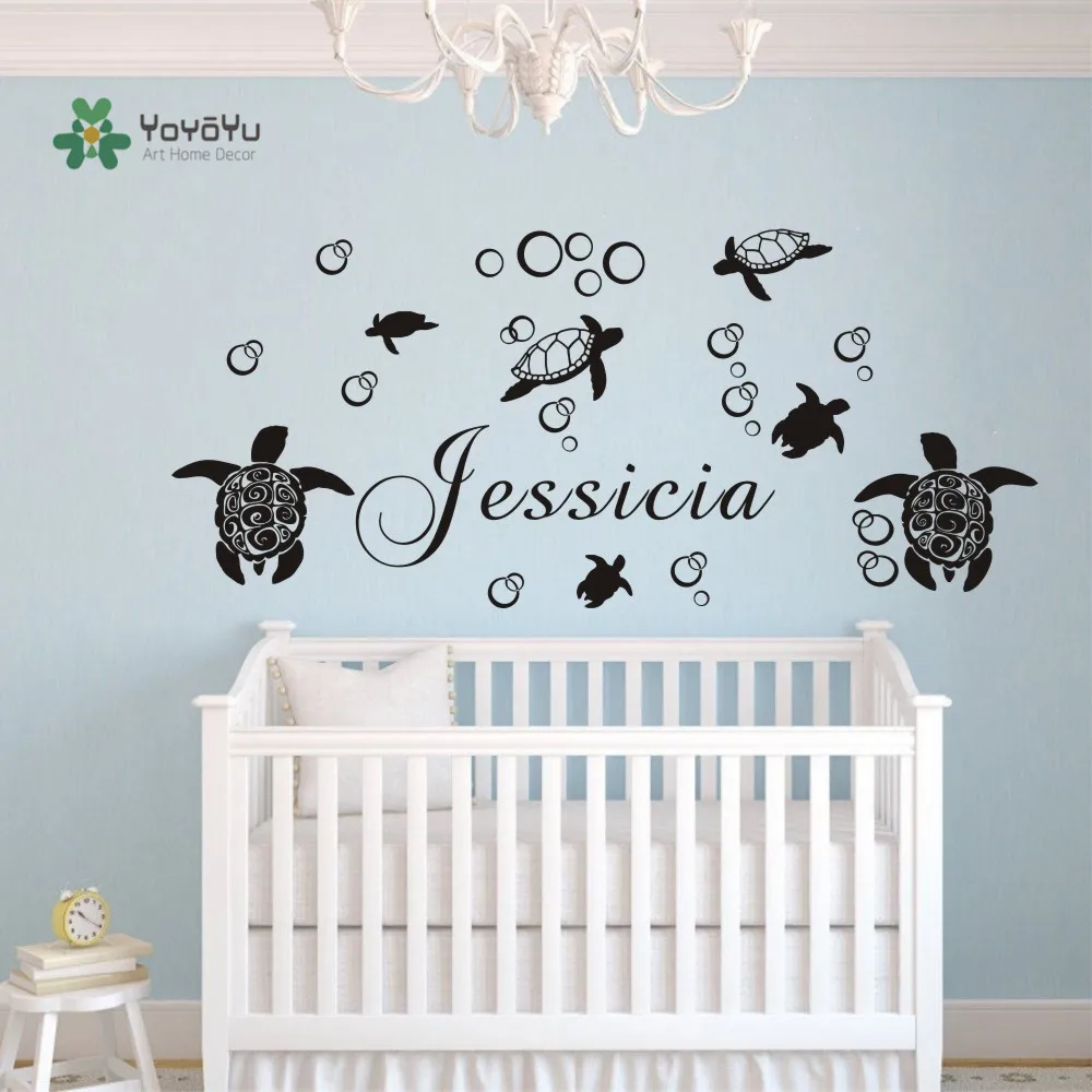 

CUSTOM NAME Turtles underwater bubble vinyl wall sticker Home Decor Removable Wall Decal Art Home Mural for Kids Nursery KW-308