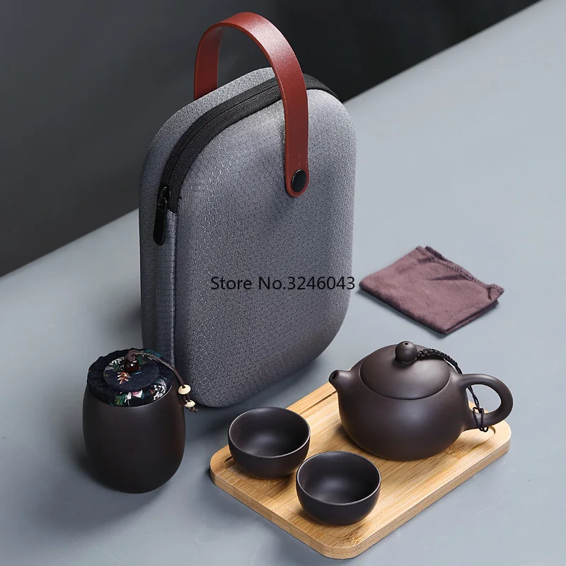 Travel tea sets portable bag Quick cup, one pot, two cups of tea cans Purple sand Kung Fu set gift （Free ）