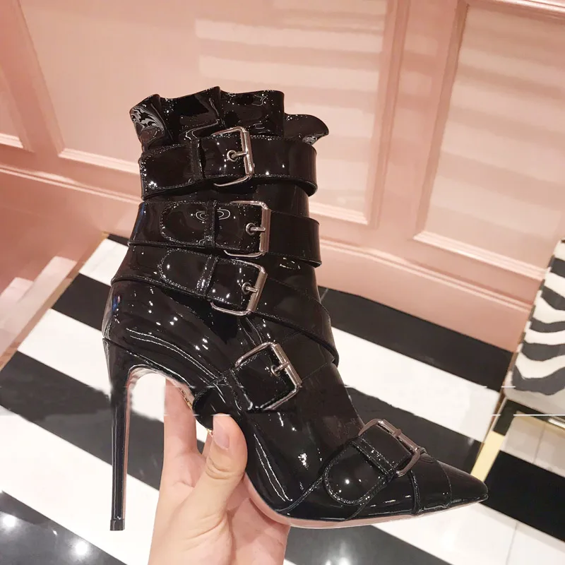 Boots New Design Black Patent Leather Women Boots Buckle Strap Thin Heels Ankle Boots For Women Mujer 2019 Chelsea Boots