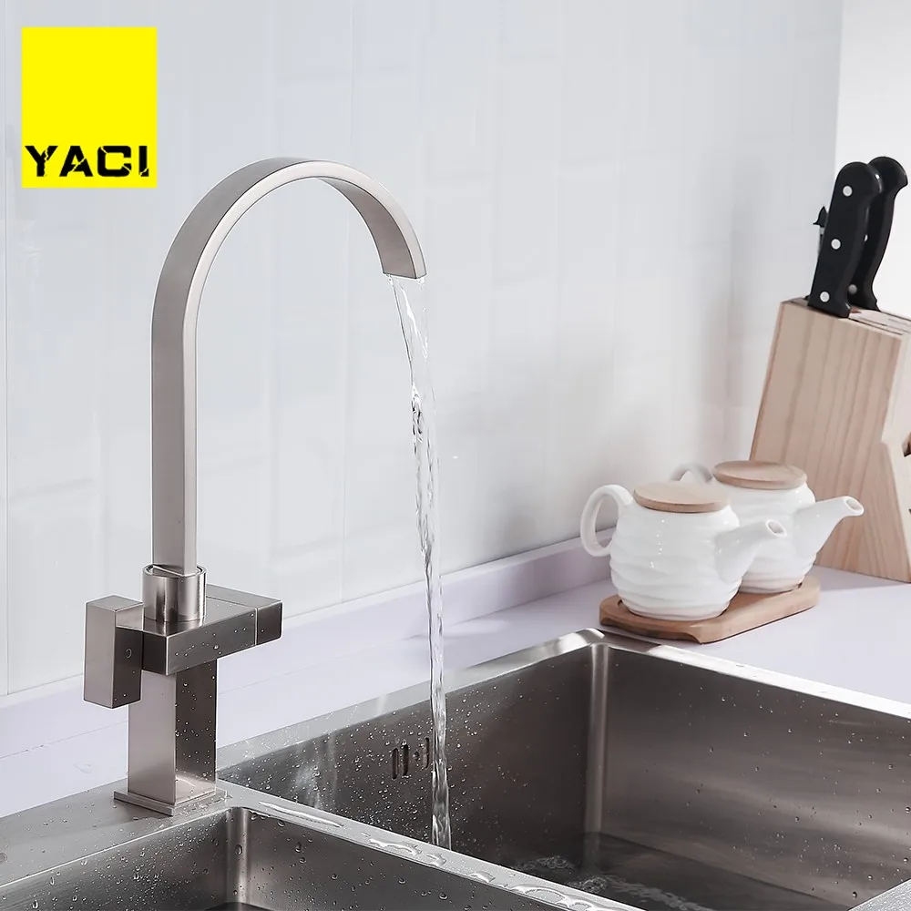 Nickel Brushed YACI стиль кухонный кран современный квадратный двойной переключатель холодной и горячей смеситель сборщик резервуаров - Цвет: Nickel Brushed