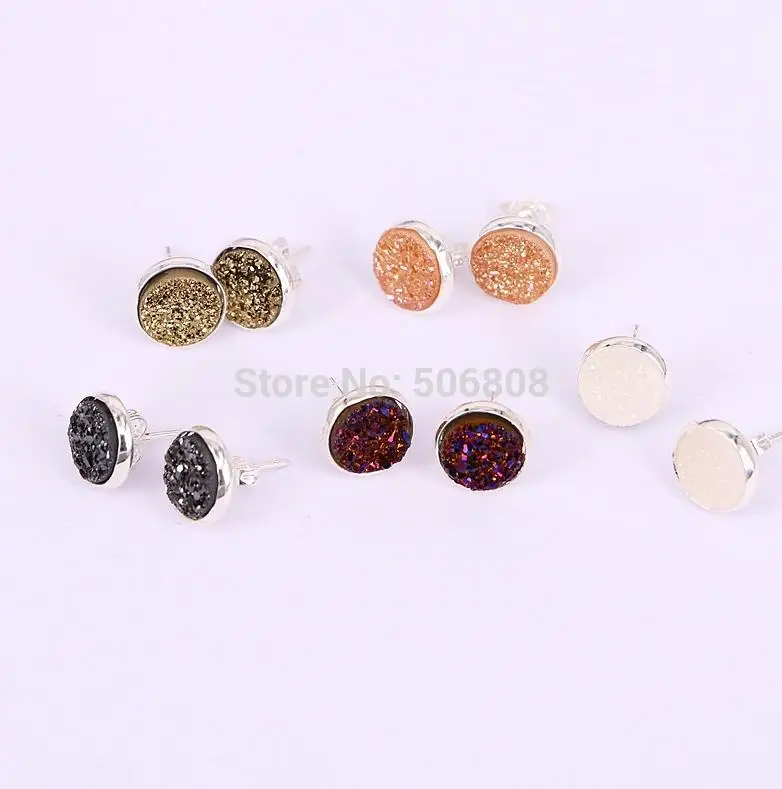 10 пар ZYZ182-0013 необработанный Кристальный кварц акриловые серьги в виде черепа Круглые разноцветные серьги-гвоздики Друза титана - Окраска металла: Silver Plated Mix