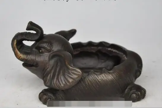 

S00237 6"Chinese Fengshui Bronze Long nose elephant auspicious statue Pen wash Ashtray (B0413)