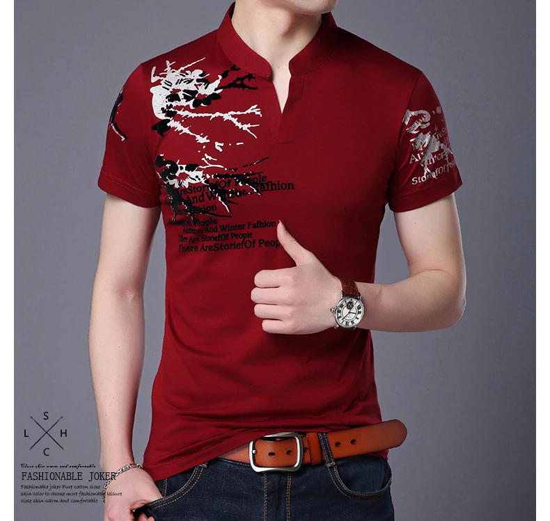 Летняя мужская рубашка поло с v-образным вырезом и принтом, рубашки поло с коротким рукавом, бордовая дышащая повседневная классическая мужская одежда, M-4XL