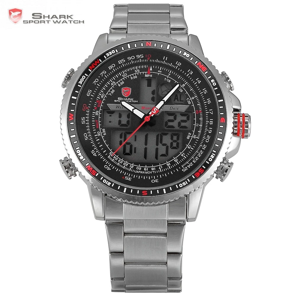 Luxury Winghead SHARK Sport Watch Men Black Dual Time Date Alarm Steel Band Relogio Masculino LCD Quartz Digital Watches /SH325N