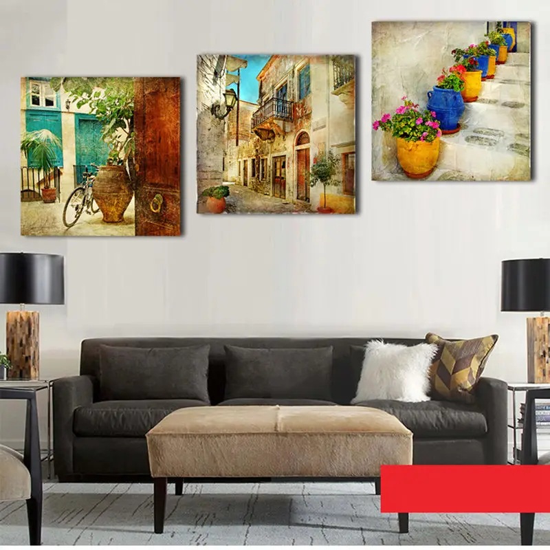 

CLSTROSE Modular Picture Printed Art Popular Cuadros Modern Poster 3 Piece Retro City And Flowerpot Canvas Painting Wall Art
