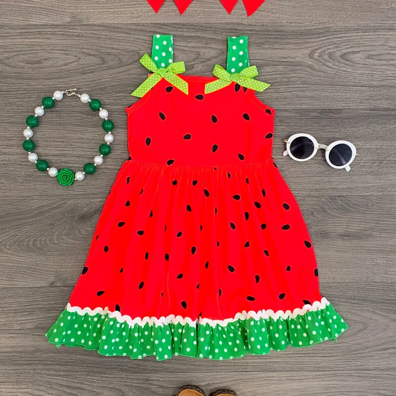 

New Baby Kids Dresses For Girls Were Hot Fruit Watermelon Red And Green Silk Dress With Bow Dress Large
