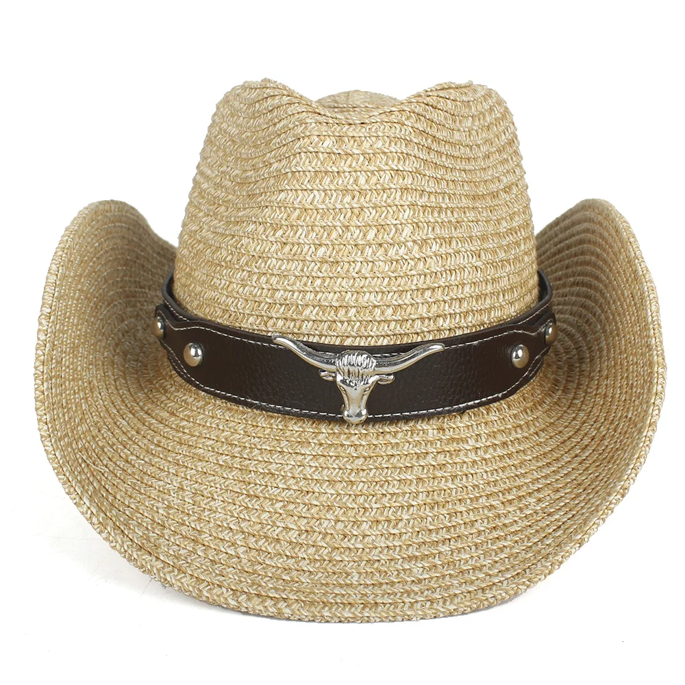 Унисекс Женская открытая западная ковбойская шляпа летняя соломенная Sombrero Hombre пляжная пастушка Джаз солнце шляпа голова быка пояс Размер 57-59 см