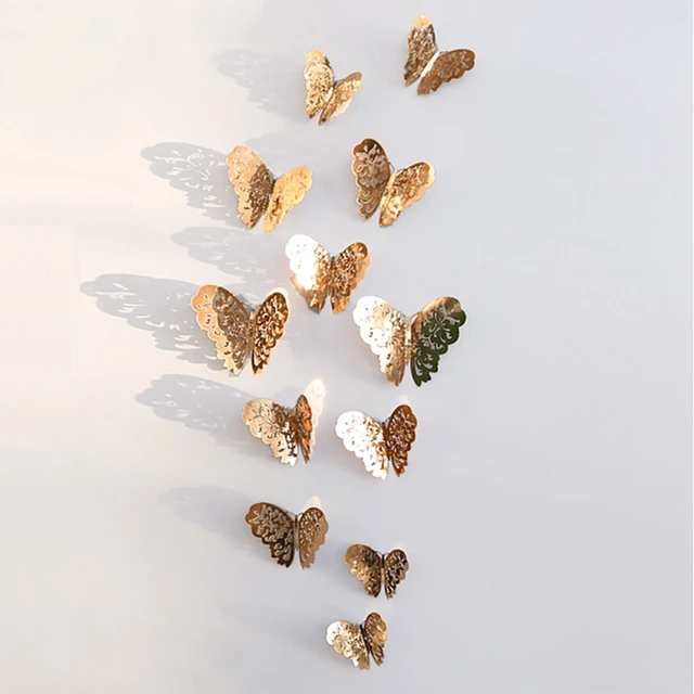 12Pcs 3D Hollow Butterfly Wall Sticker For Home Decoration DIY Wall Stickers For Kids Rooms Party Wedding Decor Butterfly Fridge champagne1