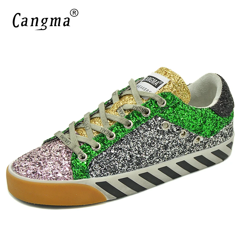 

CANGMA Luxury Brand Designer Sneakers Women Sequined Flats Black Silver Glitter Shoes Classic Women Sneakers Female Zebra