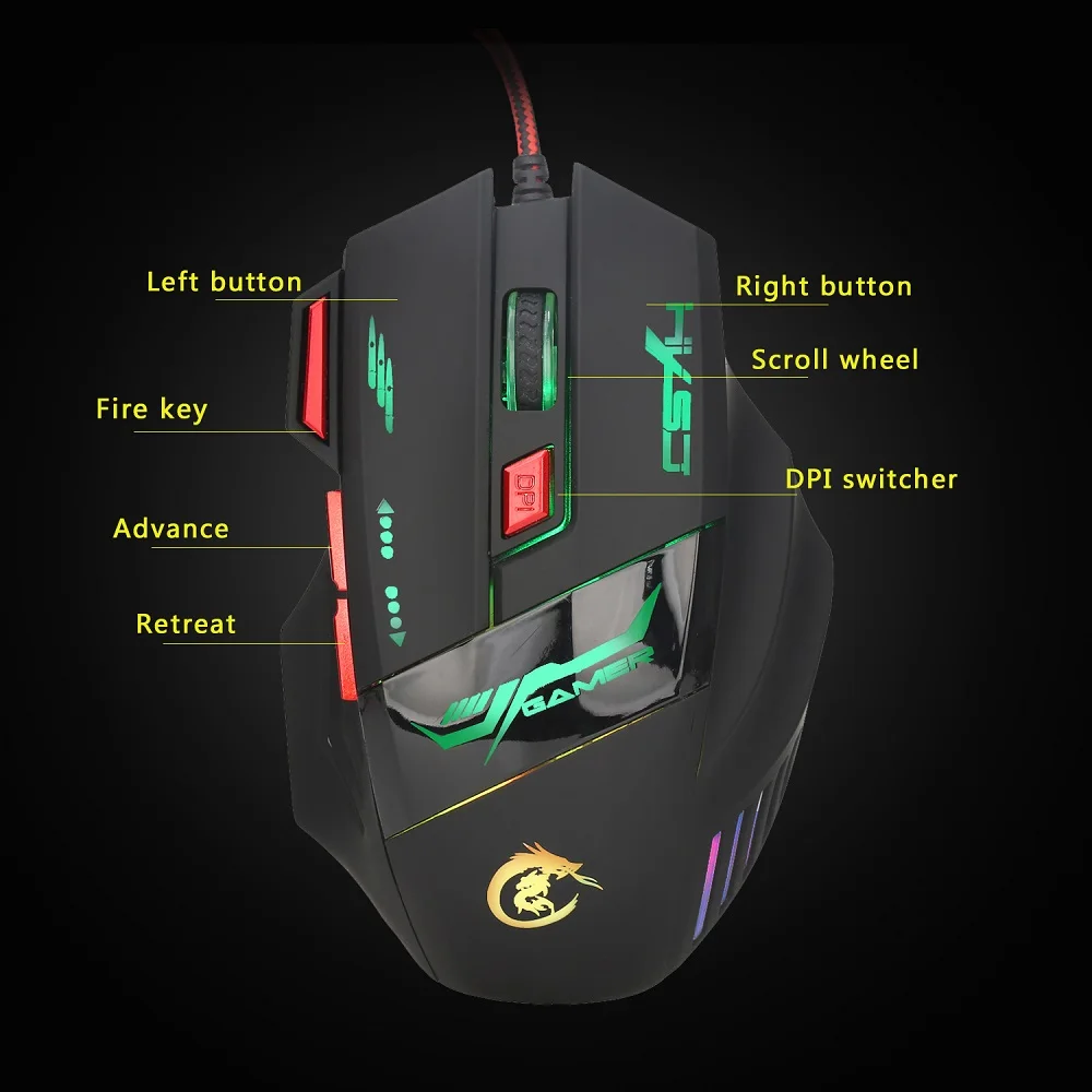 HXSJ H100 3200DPI Wired Optical Game Mouse with LED Light