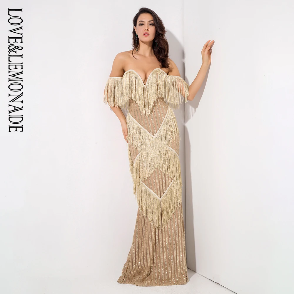 Love&lemonade Deep Vneck Gold Fringed Decorative Stripes Glitter Long