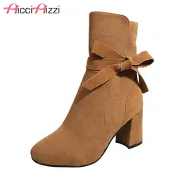 AicciAizzi Для женщин сапоги ботинки до середины икры с бантом на меху теплые зимние ботинки Дамская мода элегантная обувь женская обувь размер