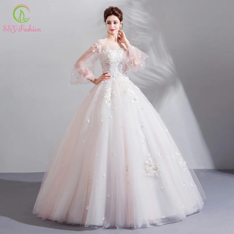 SSYFashion Новое свадебное платье невесты Сладкий белое кружево аппликация-line длиной до пола Длинные рукава свадебное платье Vestido De Noiva