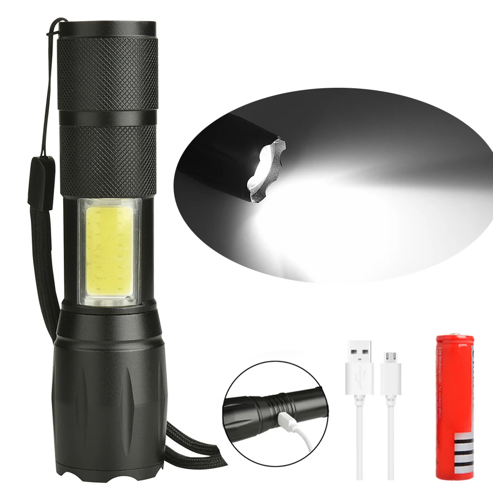 

5000LM LED Flashlight XML-T6+COB Torch Waterproof Light Micro USB Port Lantern 4 Modes Zoomable Lamp for Camping 18650 battery