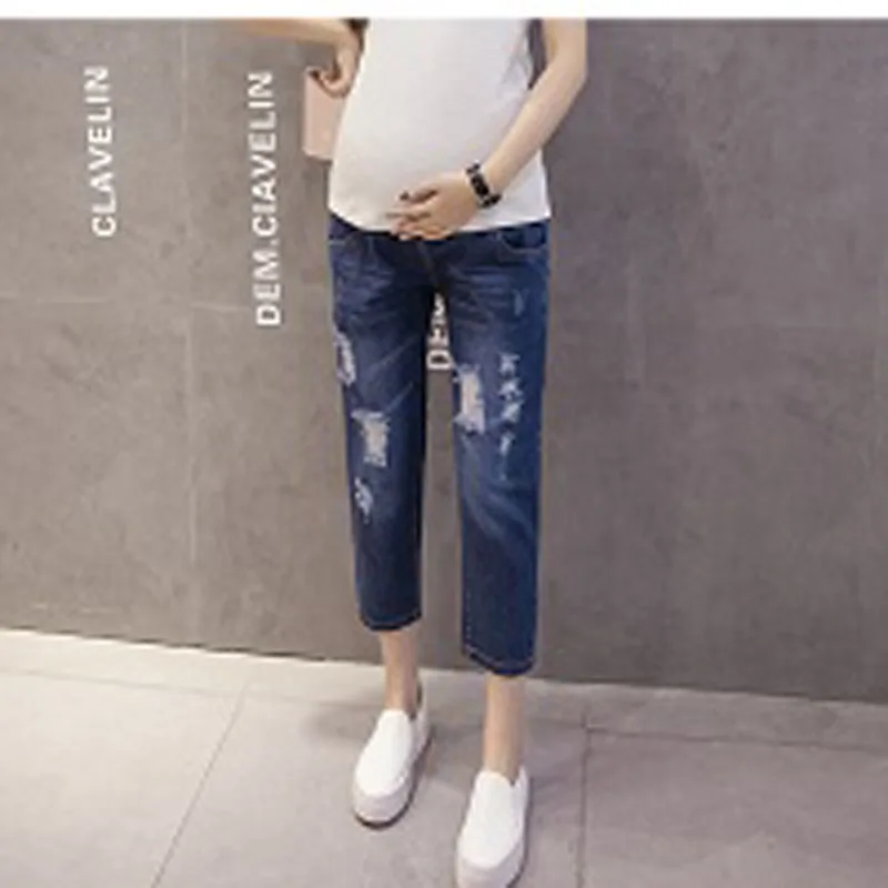 

Summer New Large Size Pregnant Women Seven Points Jeans Wearing Holes Thin Jeans