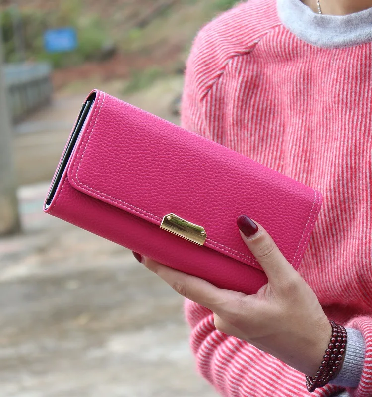  European and American style solid color women wallet fashion thread women purse long HASP closure wallet female 