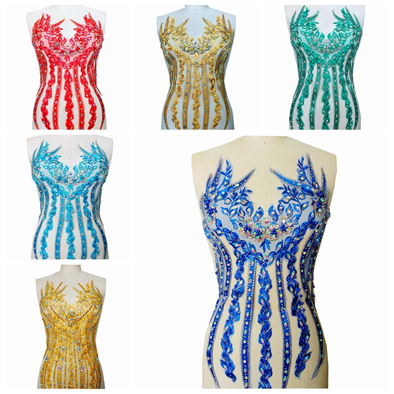 1Piece Sew On Rhinestone Applique Lace Fabric Yellow Red Blue Green Patch Neckline For Wedding Dress | Дом и сад