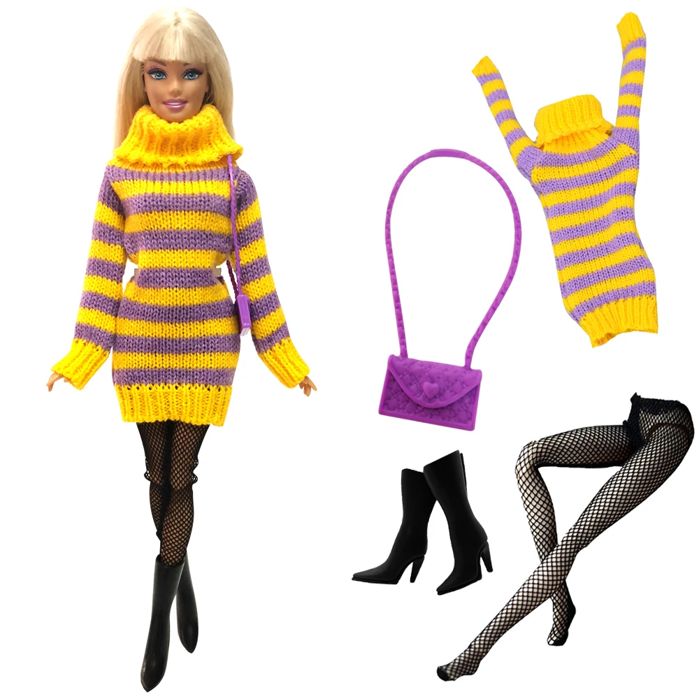 

NK 4 Items/Set Doll Dress Model Coat Outfit Fashion Sweater Bag+Shoe+Stocking For Barbie Doll Accessories Baby Toys 10A 5X