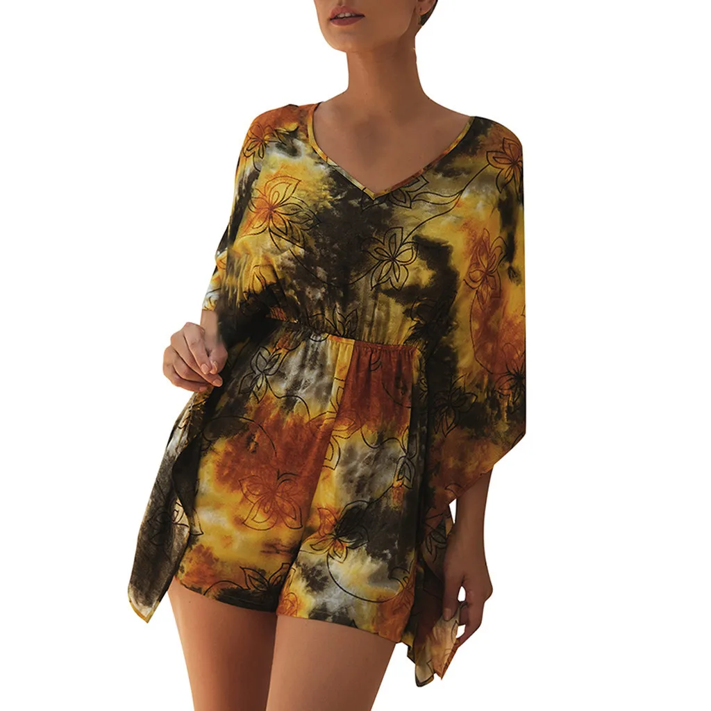 Комбинезоны для женщин, одежда, женская мода, Boho, повседневные, с принтом красителя, с коротким рукавом, женские, с v-образным вырезом, короткие женские комбинезоны, комбинезоны - Цвет: Цвет: желтый