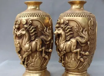 

YM 321 14"Chinese Dynasty Palace Bronze Success Running Two Horse Coin Bottle Vase Pair