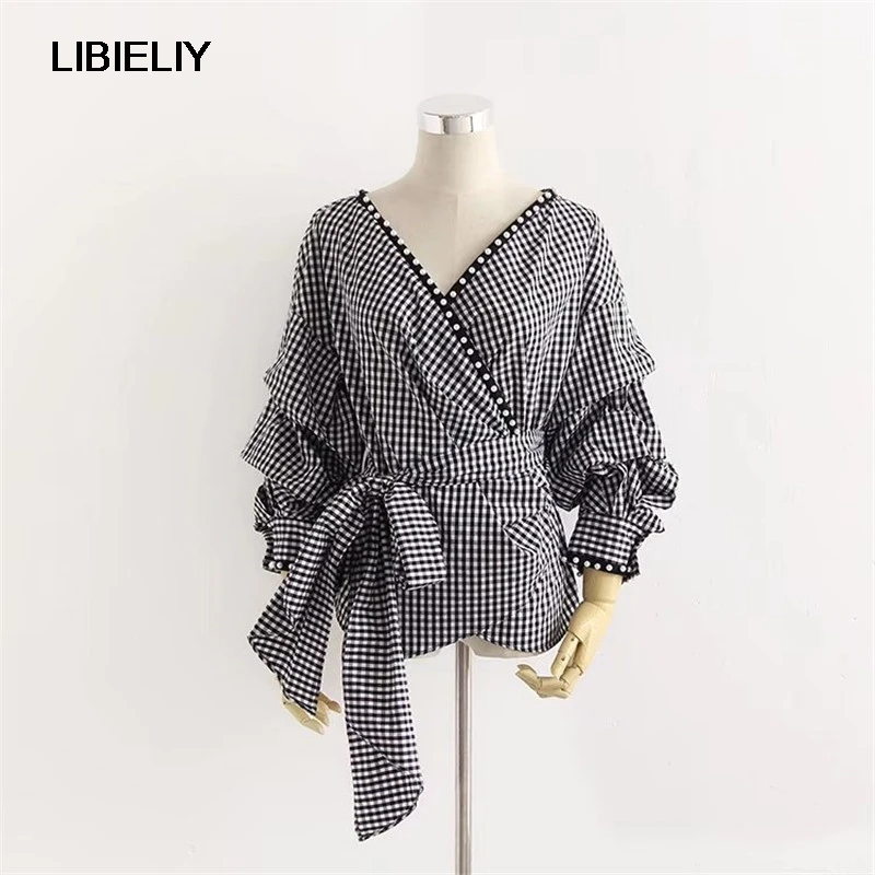 Black Plaid With Belt Blouses Women Nice Autumn Fashion Long Sleeve Whit Peals Blouses And Shirts Woman Vintage Blouses Female