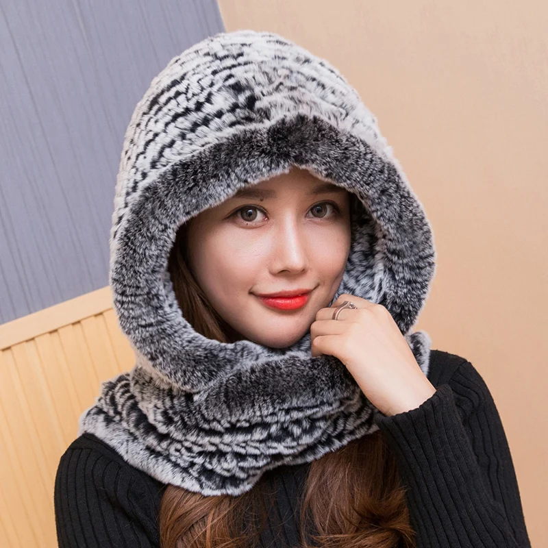 6 ZDFURS* Женская настоящая вязаная шапка из меха кролика Рекс шарф с капюшоном Длинная зимняя теплая меховая шапка с шейным воротником шарфы - Цвет: 6