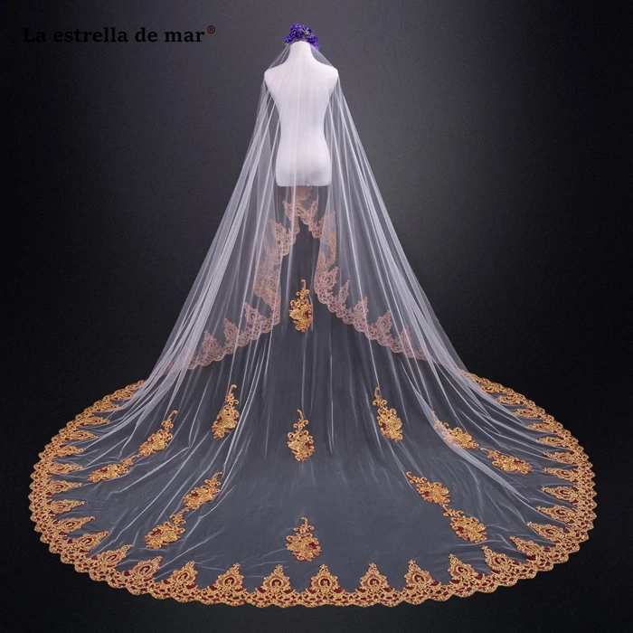 Wedding veil 2019 new gold Cathedral Veil 3M long gold veu de noiva