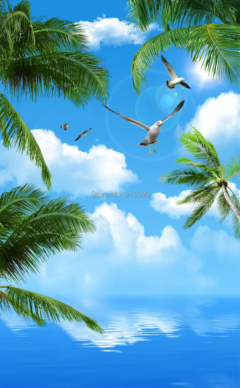 Kustom 3D Foto Wallpaper Biru Langit Pohon Kelapa Laut Burung Laut